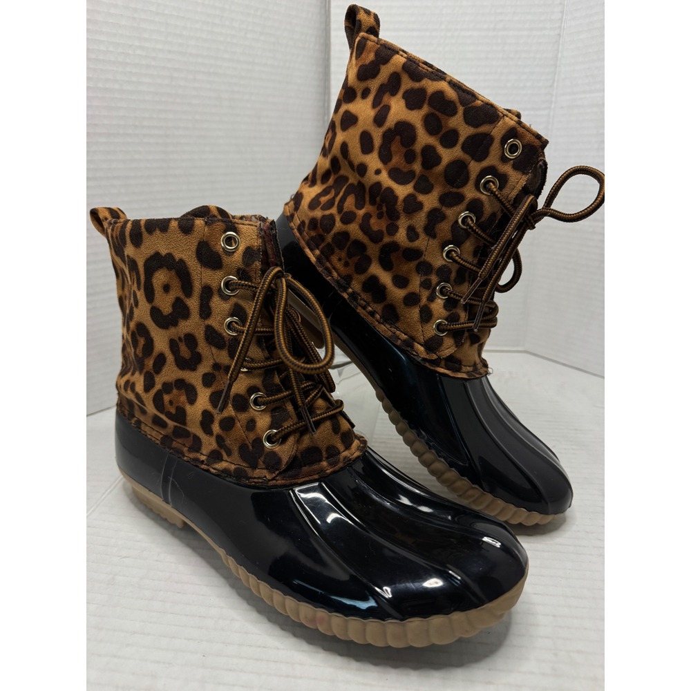 Yoki Duck Boots Womens 10 Black Brown Leopard Print Lace Up Plaid Lined Dylan-33